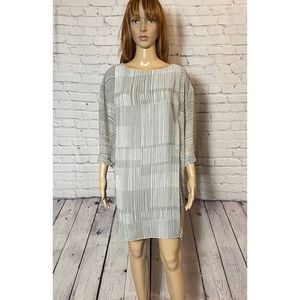 H Halston Chiffon Grey Stripes 3/4 Sleeve Mini Dress Tunic Size L
